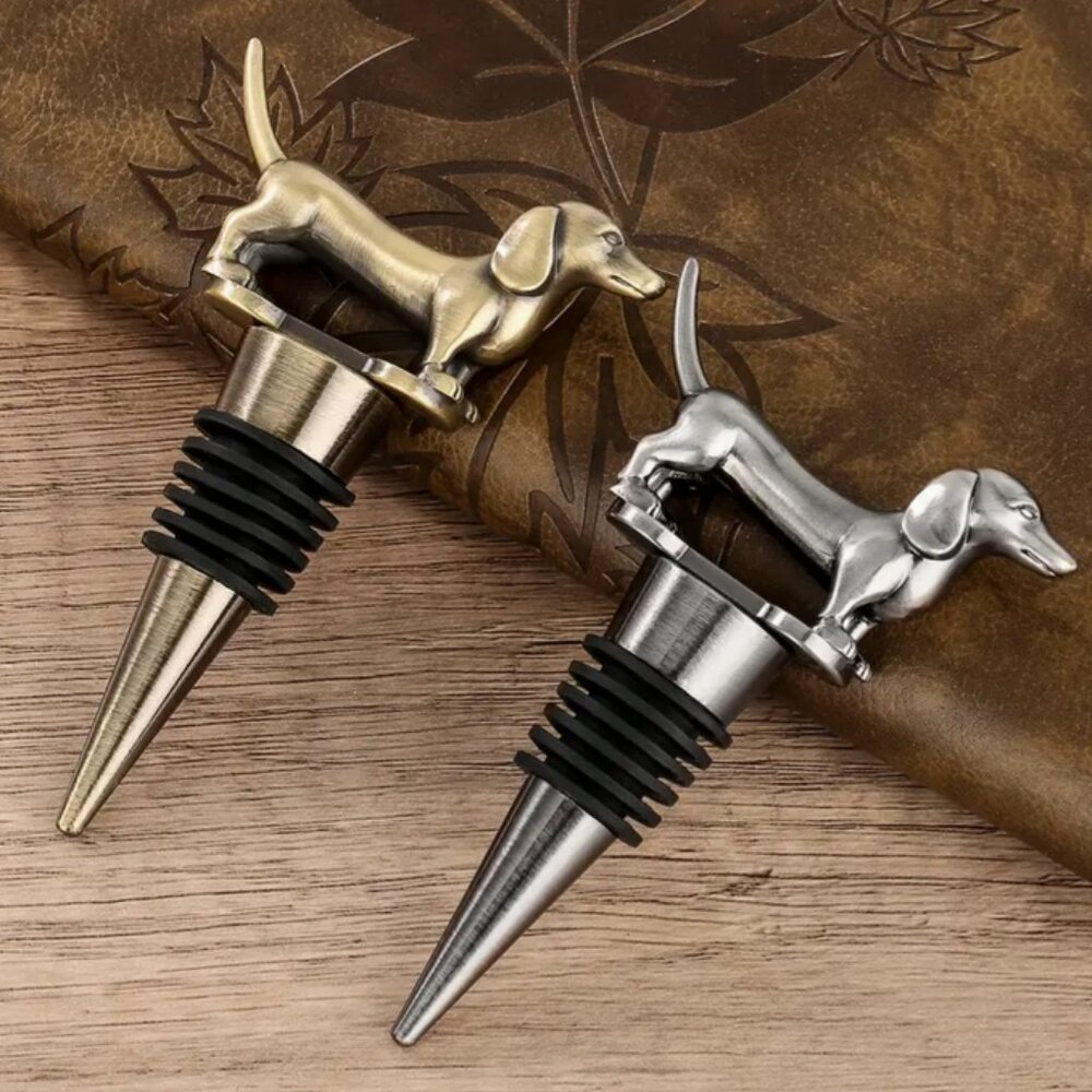 Dachshund Bottle Stopper in Aged Silver, Bronze, & Gold